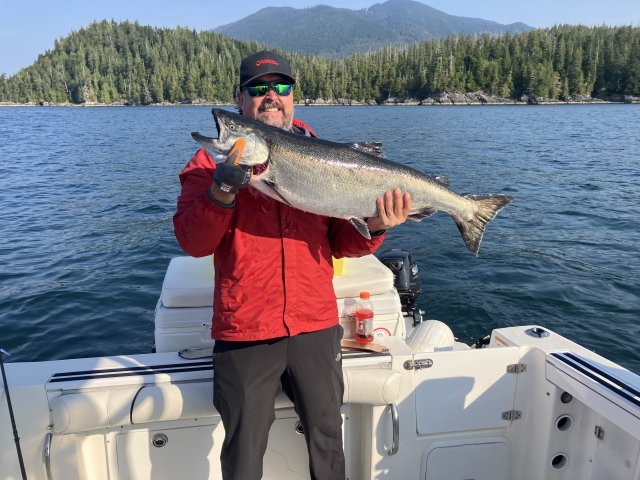 Kent fished with Doug of Slivers Charters Salmon Sport Fishing and landed this beautiful Chinook Salmon in Barkley Sound